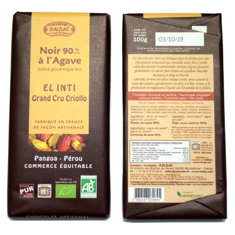 Chocolate negro/agave 90% el oro de los andes