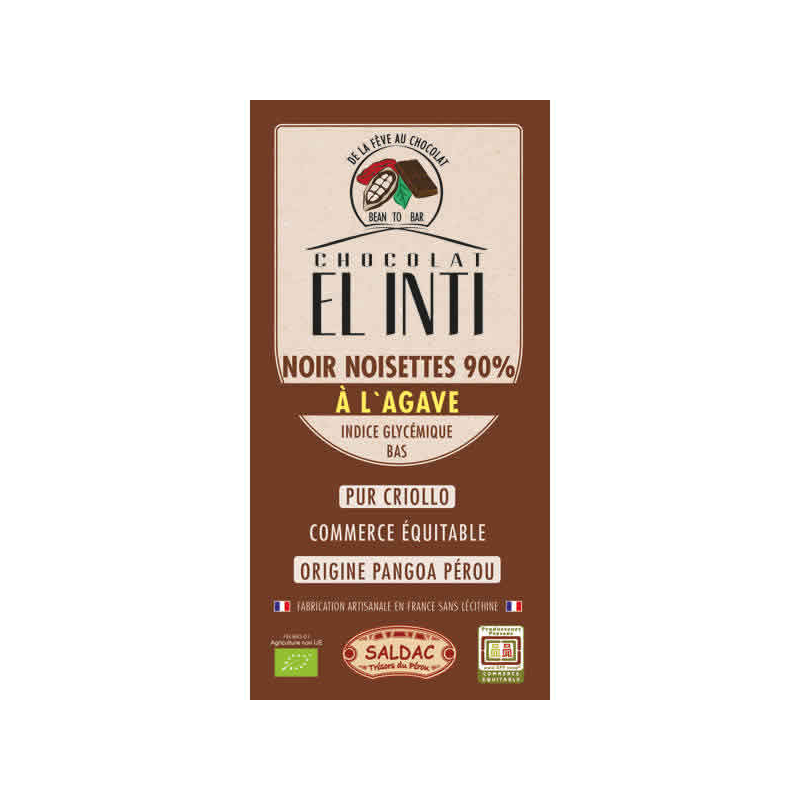 Chocolate negro 90% agave avellanas 100g el inti