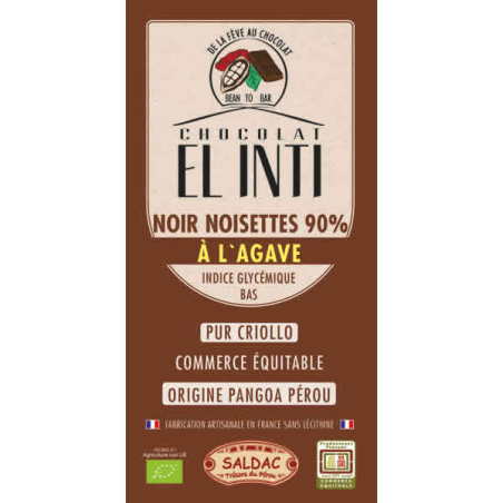 Chocolate negro 90% agave avellanas 100g el inti