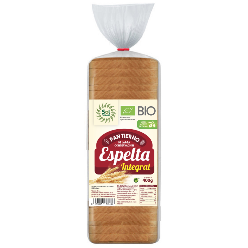 Pan  espelta integral molde 400gr sol natural