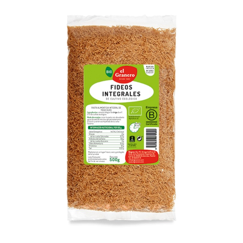 Fideos integrales  bio 500g el granero