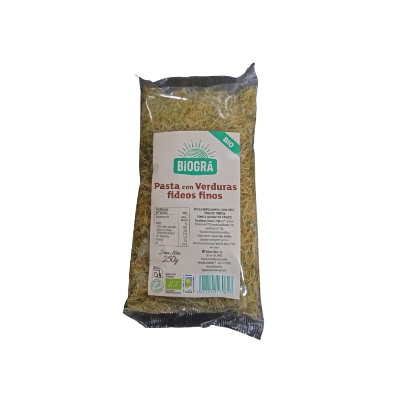 Fideos finos tricolor trigo con verduras biogra