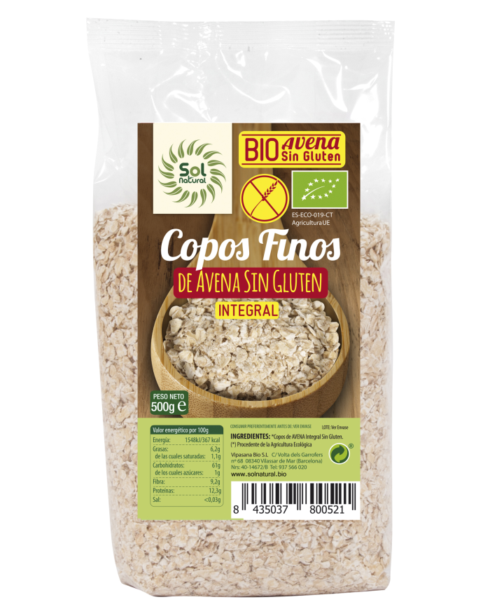 Copos avena fino sin gluten 500g sol natural