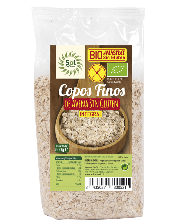 Copos avena fino sin gluten 500g sol natural