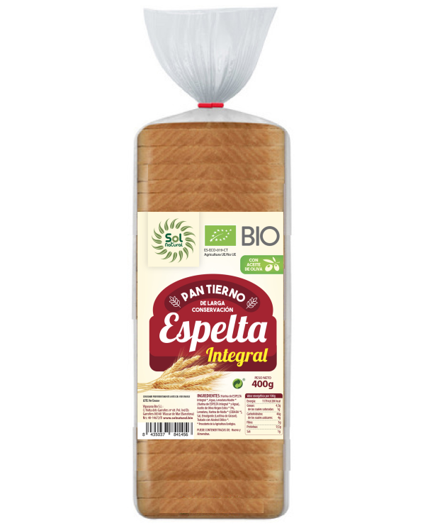 Pan  espelta integral molde 400gr sol natural